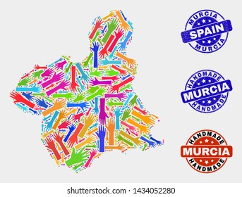 Vector handmade combination of Murcia Province map and unclean watermarks. Mosaic Murcia Province map is organized of random bright colorful hands. Rounded stamp imprints with unclean rubber texture.