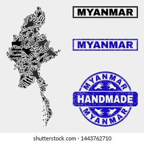 Vector handmade combination of Myanmar map and rubber stamp seals. Mosaic Myanmar map is constructed with random hands. Blue stamp imprints with grunge rubber texture.