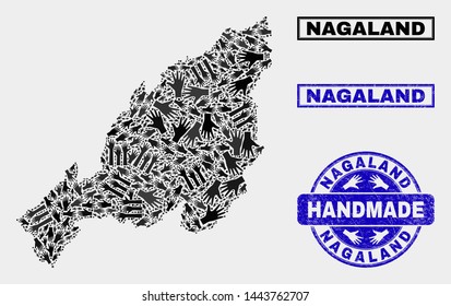 Vector handmade combination of Nagaland State map and corroded watermarks. Mosaic Nagaland State map is constructed with randomized hands. Blue watermarks with corroded rubber texture.