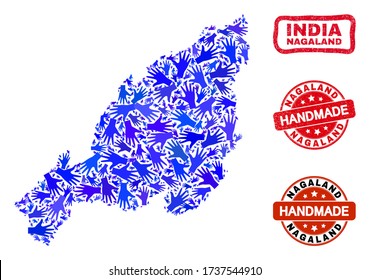 Combinación de vectores hecha a mano del mapa del estado de Nagaland y marcas de agua de caucho. El mapa del estado Mosaic Nagaland está construido con manos azules dispersas. Marcas de agua rojas redondeadas y rugosas con textura de goma gruesa.