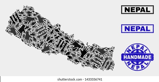 Vector handmade combination of Nepal map and unclean stamp seals. Mosaic Nepal map is designed of scattered hands. Blue stamp imprints with unclean rubber texture.