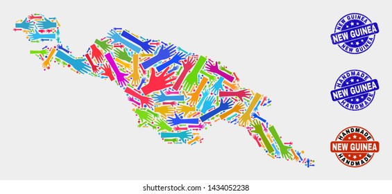 Vector handmade combination of New Guinea map and corroded seals. Mosaic New Guinea map is done of random bright colored hands. Rounded seals with grunge rubber texture.