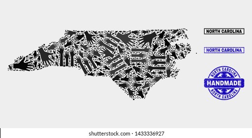 Vector handmade combination of North Carolina State map and grunge watermarks. Mosaic North Carolina State map is designed with randomized hands. Blue seals with grunge rubber texture.