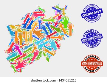 Vector handmade combination of North Rhine-Westphalia Land map and grunge stamp seals. Mosaic North Rhine-Westphalia Land map is organized of randomized bright colored hands.