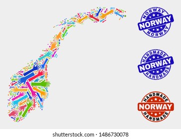 Vector handmade combination of Norway map and unclean stamps. Mosaic Norway map is made of randomized bright colorful hands. Rounded seals with unclean rubber texture.