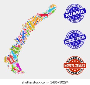 Vector handmade combination of Novaya Zemlya Islands map and grunge seals. Mosaic Novaya Zemlya Islands map is created with randomized bright colored hands. Rounded seals with corroded rubber texture.