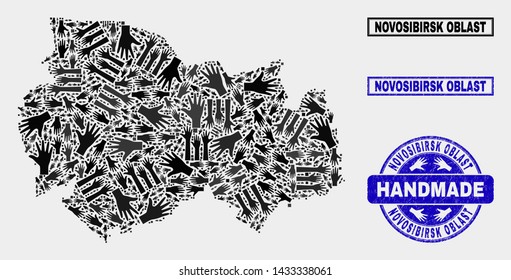 Vector handmade combination of Novosibirsk Region map and grunge seals. Mosaic Novosibirsk Region map is formed with randomized hands. Blue seals with distress rubber texture.