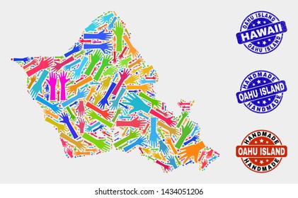 Vector handmade combination of Oahu Island map and rubber stamp seals. Mosaic Oahu Island map is made with random bright colored hands. Rounded watermarks with unclean rubber texture.
