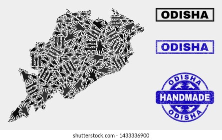 Vector handmade combination of Odisha State map and grunge seals. Mosaic Odisha State map is made of randomized hands. Blue seals with distress rubber texture.