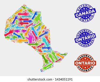 Vector handmade combination of Ontario Province map and corroded watermarks. Mosaic Ontario Province map is made with random bright colorful hands. Rounded watermarks with scratched rubber texture.