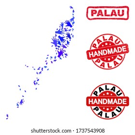 Vector handmade combination of Palau map and rubber seals. Mosaic Palau map is made with scattered blue hands. Rounded and awry red seals with corroded rubber texture.
