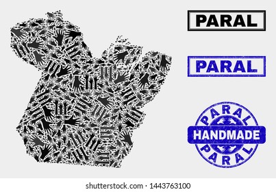 Vector handmade combination of Paral State map and scratched watermarks. Mosaic Paral State map is organized with randomized hands. Blue watermarks with scratched rubber texture.