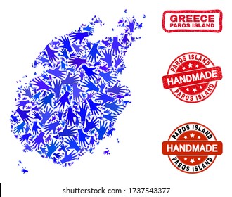 Vector handgefertigte Kombination aus Paros Island Karte und Gummistempelsiegeln. Mosaik Paros Island Karte ist aus zufällig blauen Händen konstruiert.