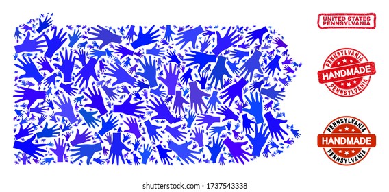 Combinación de vectores hechos a mano del mapa del estado de Pennsylvania y sellos de caucho. El mapa del estado de Pensilvania Mosaico está hecho de manos azules al azar.