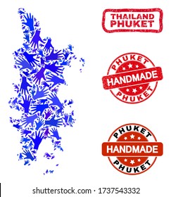 Vector handmade combination of Phuket map and corroded seals. Mosaic Phuket map is formed of scattered blue hands. Rounded and awry red seals with unclean rubber texture.