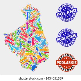 Vector handmade combination of Podlaskie Voivodeship map and rubber stamp seals. Mosaic Podlaskie Voivodeship map is organized with random bright colorful hands.