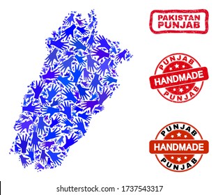 Vector handmade combination of Punjab Province map and textured seals. Mosaic Punjab Province map is designed of random blue hands. Rounded and awry red seals with unclean rubber texture.