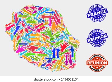 Vector handmade combination of Reunion Island map and scratched watermarks. Mosaic Reunion Island map is designed with random bright colored hands. Rounded watermarks with scratched rubber texture.