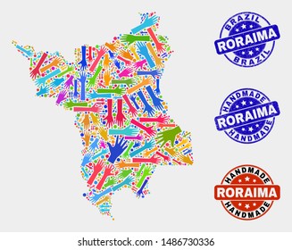 Vector handmade combination of Roraima State map and scratched seals. Mosaic Roraima State map is made of randomized bright colored hands. Rounded stamp imprints with scratched rubber texture.