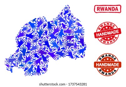 Vector handmade combination of Rwanda map and grunge watermarks. Mosaic Rwanda map is made with scattered blue hands. Rounded and crooked red stamp imprints with grunge rubber texture.