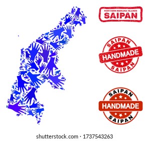 Combinación de vectores hechos a mano de mapas de la isla de Saipan y sellos de estampado de grunge. El mapa de la isla saipana mosaico está hecho de manos azules dispersas. Sellos rotos y rojos con textura de caucho corroída.