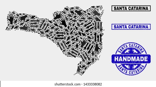 Vector handmade combination of Santa Catarina State map and unclean stamp seals. Mosaic Santa Catarina State map is formed of scattered hands. Blue watermarks with unclean rubber texture.