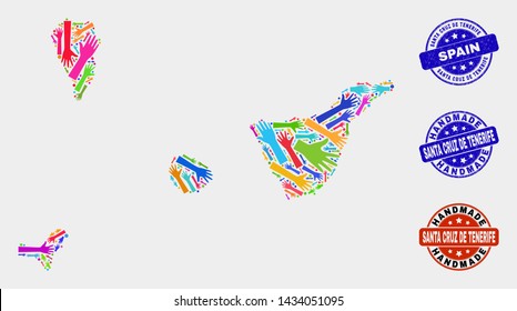 Vector handmade combination of Santa Cruz de Tenerife Province map and grunge stamp seals. Mosaic Santa Cruz de Tenerife Province map is designed from random bright colored hands.