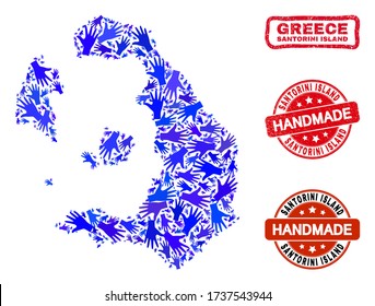 Vector handgefertigte Kombination von Santorini Island Karte und kratzten Wasserzeichen. Mosaic Santorini Island Karte ist organisiert von zufällig blauen Händen.