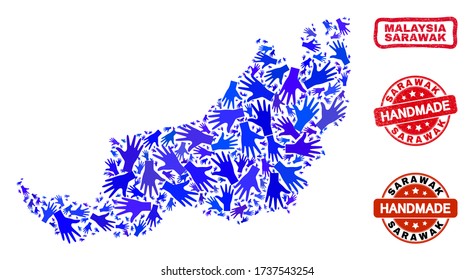 Vector handgefertigte Kombination aus Sarawak State Map und unsauberen Wasserzeichen. Mosaik Sarawak State Map wird aus zufällig blauen Händen erstellt. Gerundete und gekrönte rote Wasserzeichen mit unsauberer Gummistruktur.