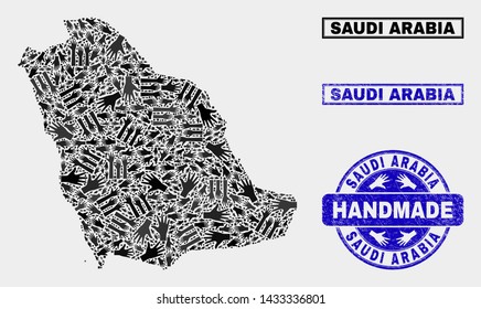 Vector handmade combination of Saudi Arabia map and textured seals. Mosaic Saudi Arabia map is created of randomized hands. Blue seals with distress rubber texture.