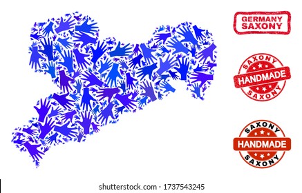Vector handmade combination of Saxony Land map and corroded seals. Mosaic Saxony Land map is formed of scattered blue hands. Rounded and awry red seals with grunge rubber texture.