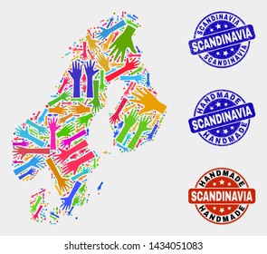Vector handmade combination of Scandinavia map and unclean seals. Mosaic Scandinavia map is organized with scattered bright colorful hands. Rounded seals with unclean rubber texture.