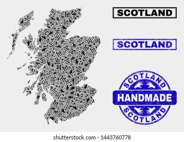 Vector handmade combination of Scotland map and corroded seals. Mosaic Scotland map is designed of randomized hands. Blue seals with corroded rubber texture.