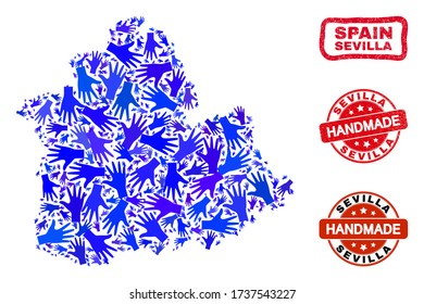 Vector handmade combination of Sevilla Province map and dirty watermarks. Mosaic Sevilla Province map is created with scattered blue hands. Rounded and awry red watermarks with grunge rubber texture.