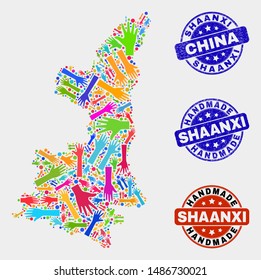 Vector handmade combination of Shaanxi Province map and textured stamp seals. Mosaic Shaanxi Province map is designed with random bright colored hands. Rounded seals with distress rubber texture.