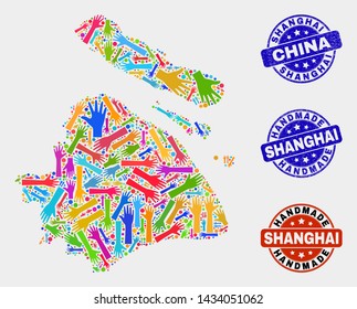 Vector handmade combination of Shanghai City map and rubber seals. Mosaic Shanghai City map is constructed of random bright colorful hands. Rounded seals with unclean rubber texture.