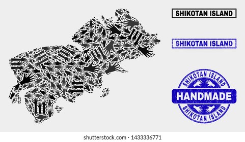 Vector handmade combination of Shikotan Island map and unclean stamp seals. Mosaic Shikotan Island map is organized of random hands. Blue seals with corroded rubber texture.