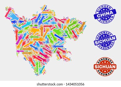 Vector handmade combination of Sichuan Province map and unclean watermarks. Mosaic Sichuan Province map is made with scattered bright colored hands. Rounded watermarks with scratched rubber texture.