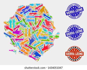 Vector handmade combination of Sierra Leone map and rubber stamp seals. Mosaic Sierra Leone map is made with scattered bright colored hands. Rounded seals with grunge rubber texture.