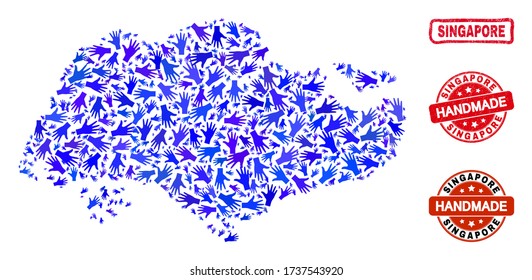 Vector handmade combination of Singapore map and corroded watermarks. Mosaic Singapore map is made of scattered blue hands. Rounded and awry red watermarks with corroded rubber texture.