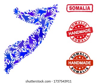Vector handmade combination of Somalia map and scratched stamp seals. Mosaic Somalia map is organized with scattered blue hands. Rounded and rough red stamp imprints with scratched rubber texture.