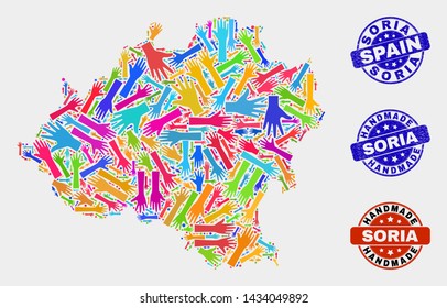 Vector handmade combination of Soria Province map and grunge watermarks. Mosaic Soria Province map is made with randomized bright colorful hands. Rounded stamp imprints with grunge rubber texture.
