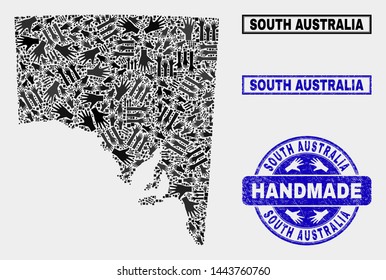 Vector handmade combination of South Australia map and textured watermarks. Mosaic South Australia map is constructed with random hands. Blue watermarks with distress rubber texture.
