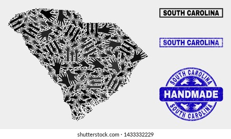 Vector handmade combination of South Carolina State map and rubber seals. Mosaic South Carolina State map is designed with random hands. Blue seals with unclean rubber texture.