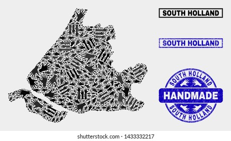 Vector handmade combination of South Holland map and corroded stamp seals. Mosaic South Holland map is organized with scattered hands. Blue seals with grunge rubber texture.