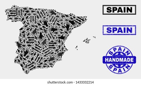 Vector handmade combination of Spain map and rubber stamp seals. Mosaic Spain map is designed of randomized hands. Blue stamp imprints with distress rubber texture.