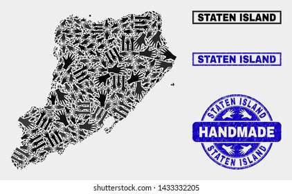 Vector handmade combination of Staten Island map and scratched watermarks. Mosaic Staten Island map is done of random hands. Blue watermarks with scratched rubber texture.