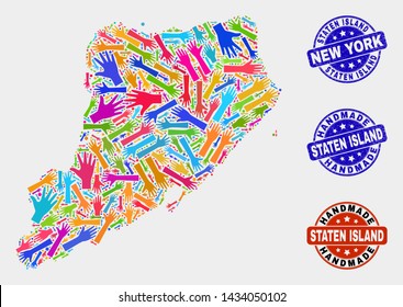 Vector handmade combination of Staten Island map and rubber seals. Mosaic Staten Island map is formed with scattered bright colored hands. Rounded seals with scratched rubber texture.