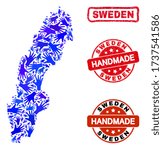 Vector handmade combination of Sweden map and rubber stamp seals. Mosaic Sweden map is designed of random blue hands. Rounded and awry red seals with corroded rubber texture.