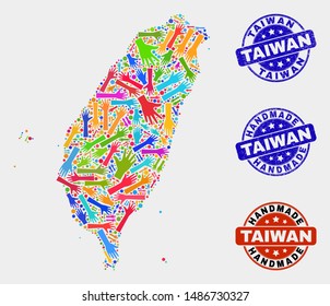 Vector handmade combination of Taiwan map and scratched seals. Mosaic Taiwan map is constructed of random bright colorful hands. Rounded stamp imprints with scratched rubber texture.